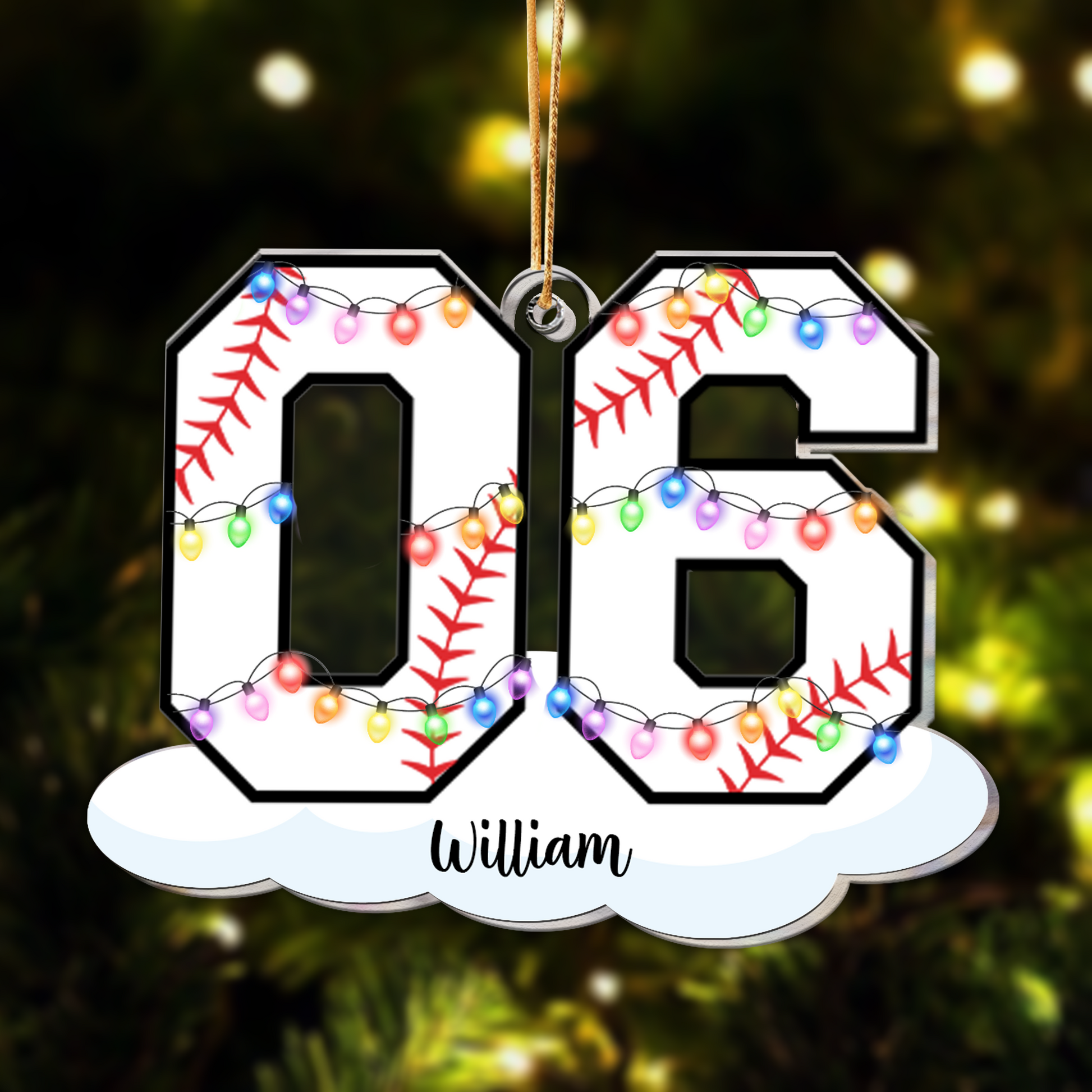 Baseball With Name and Number Christmas Light Personalized Ornament - OR01