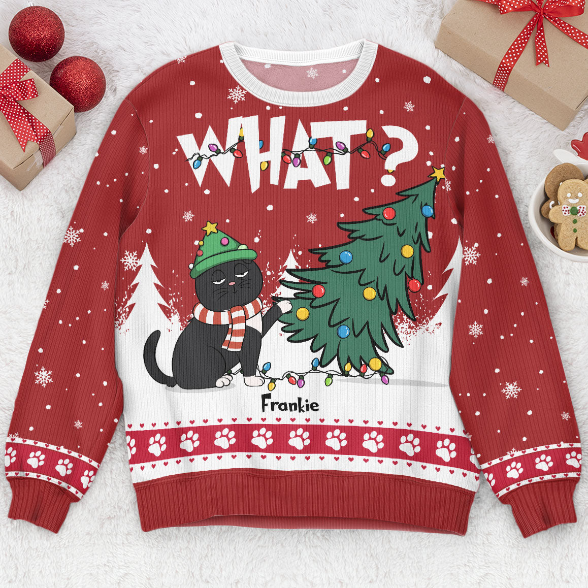 Cat What Christmas Tree Personalized Christmas Sweater - SW18 1