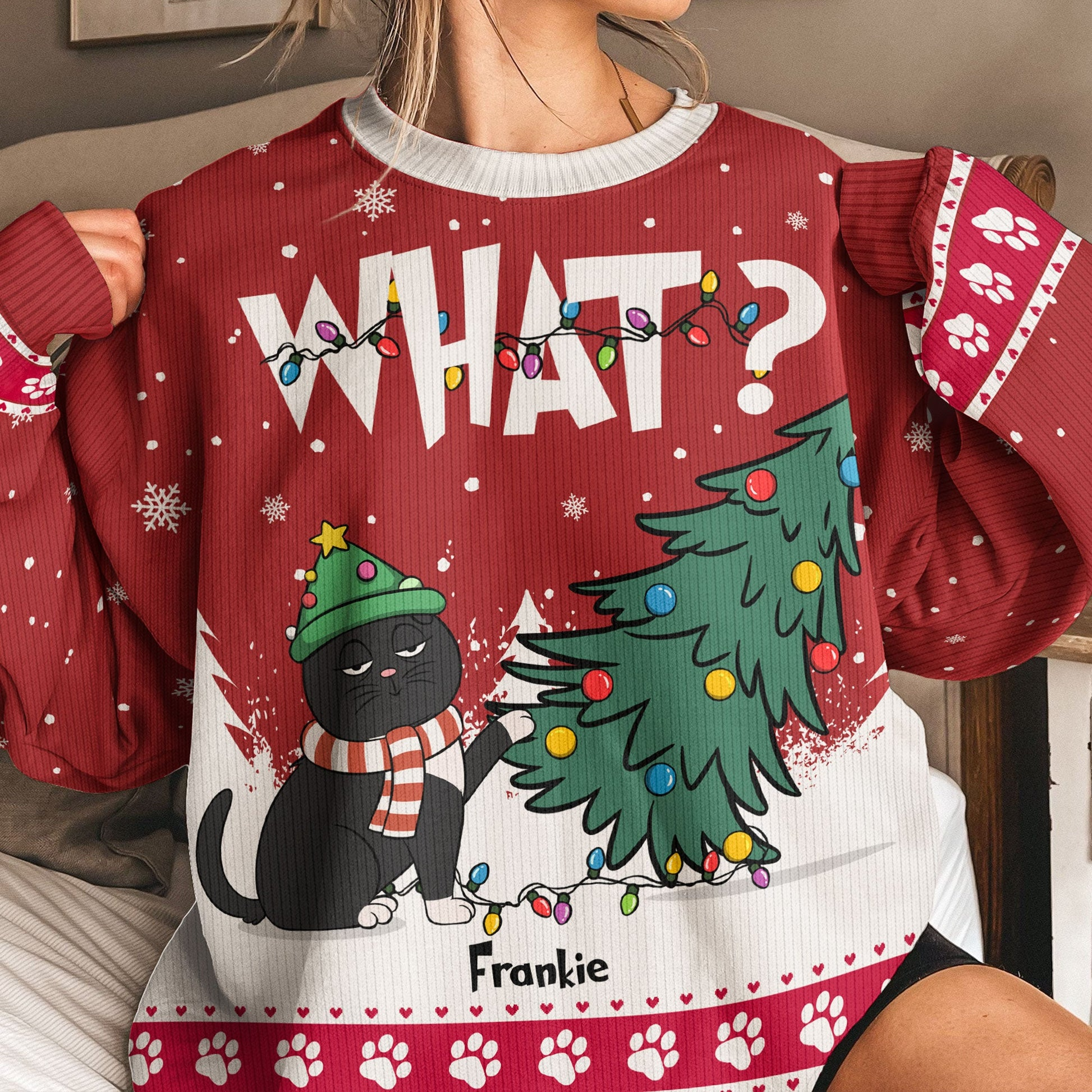 Cat What Christmas Tree Personalized Christmas Sweater - SW18 5