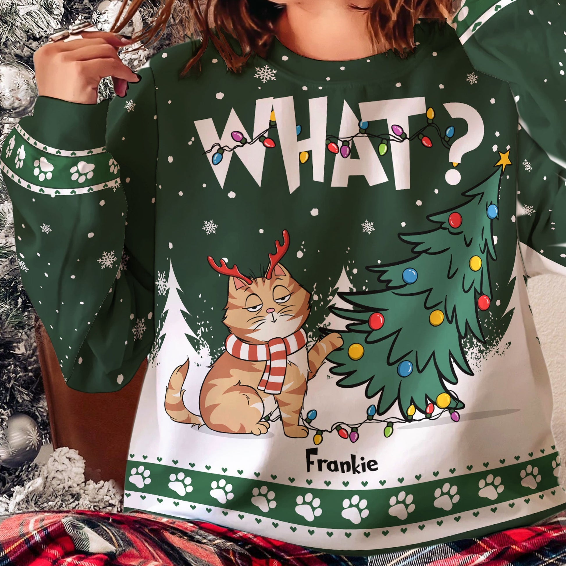 Cat What Christmas Tree Personalized Christmas Sweater - SW18 4