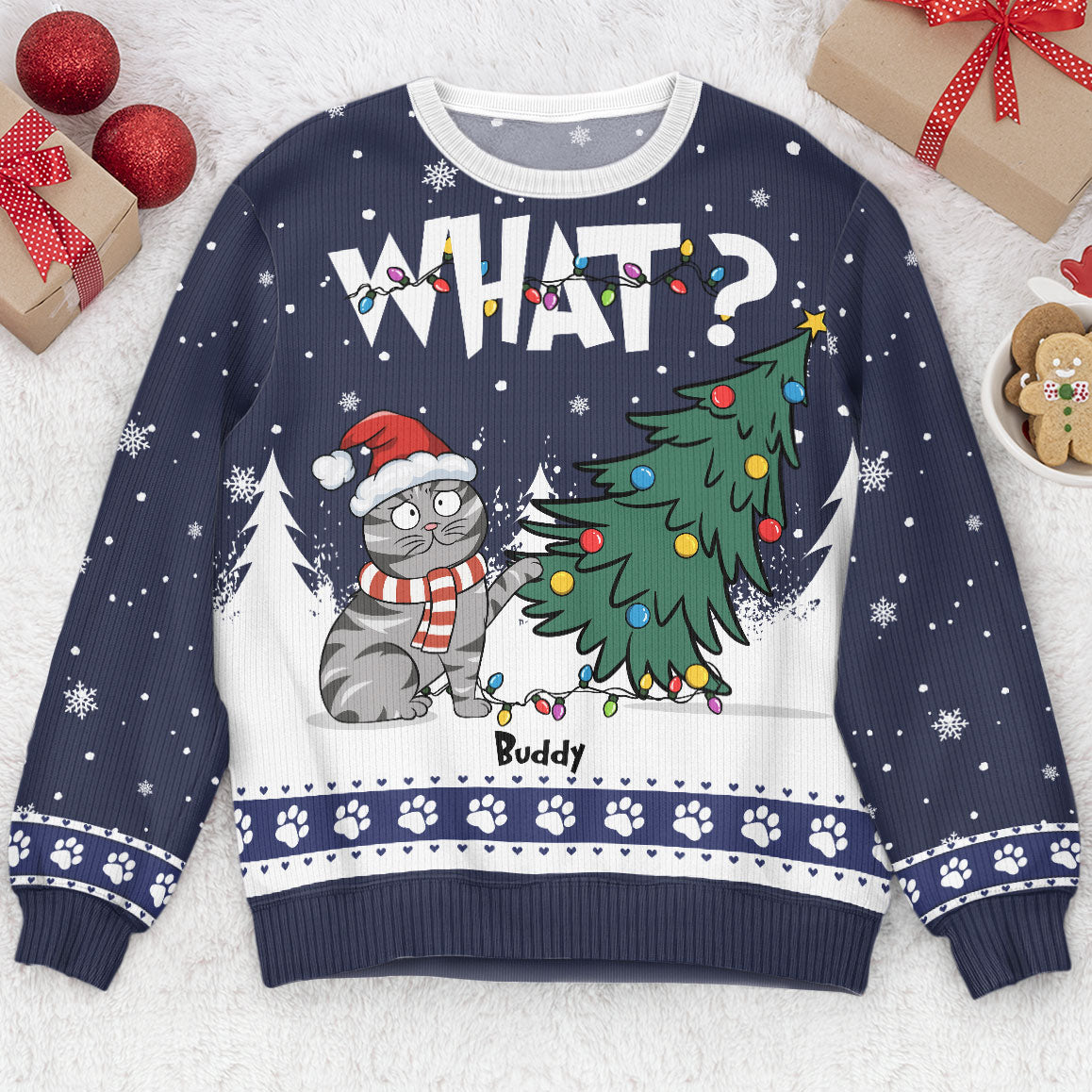Cat What Christmas Tree Personalized Christmas Sweater - SW18 3