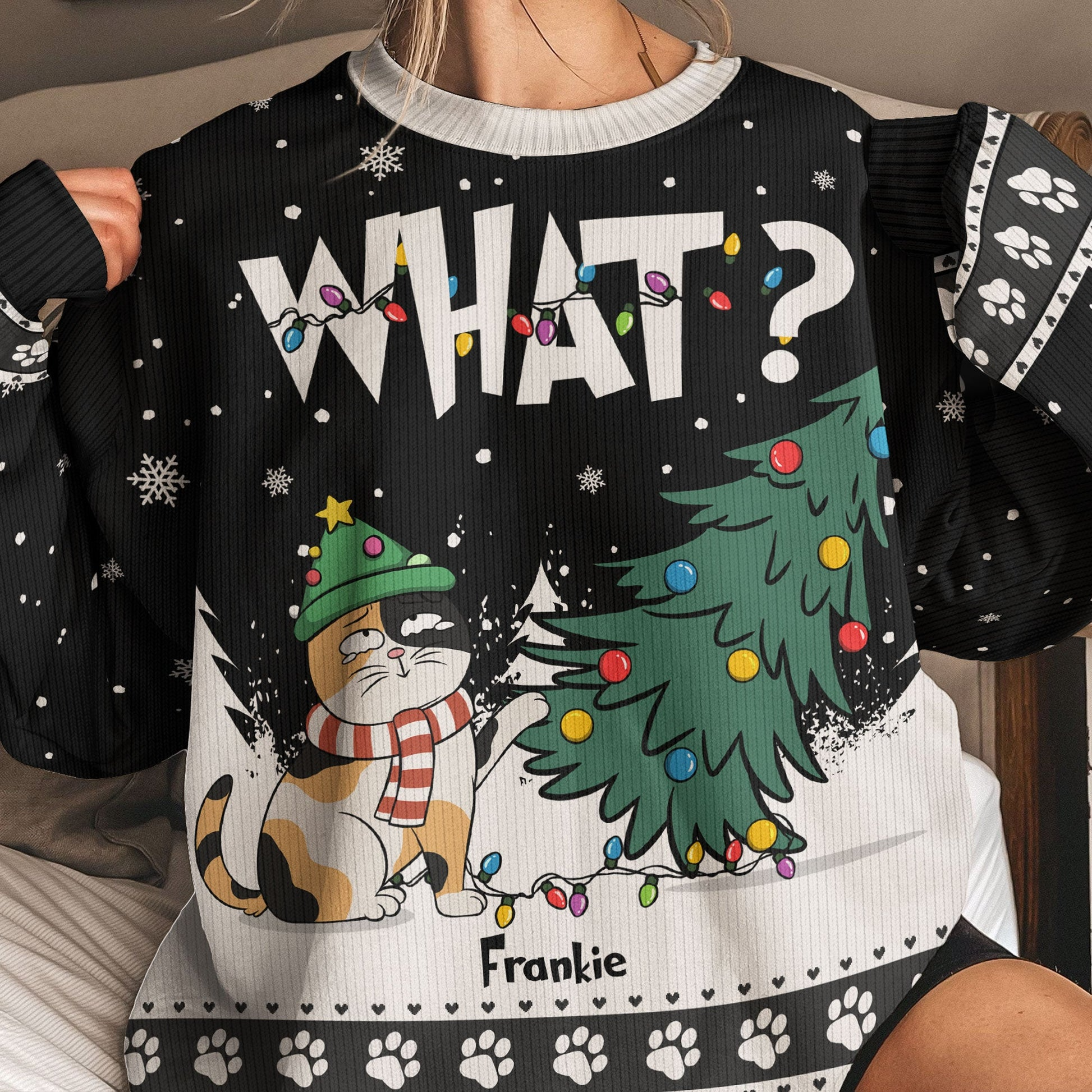 Cat What Christmas Tree Personalized Christmas Sweater - SW18 2