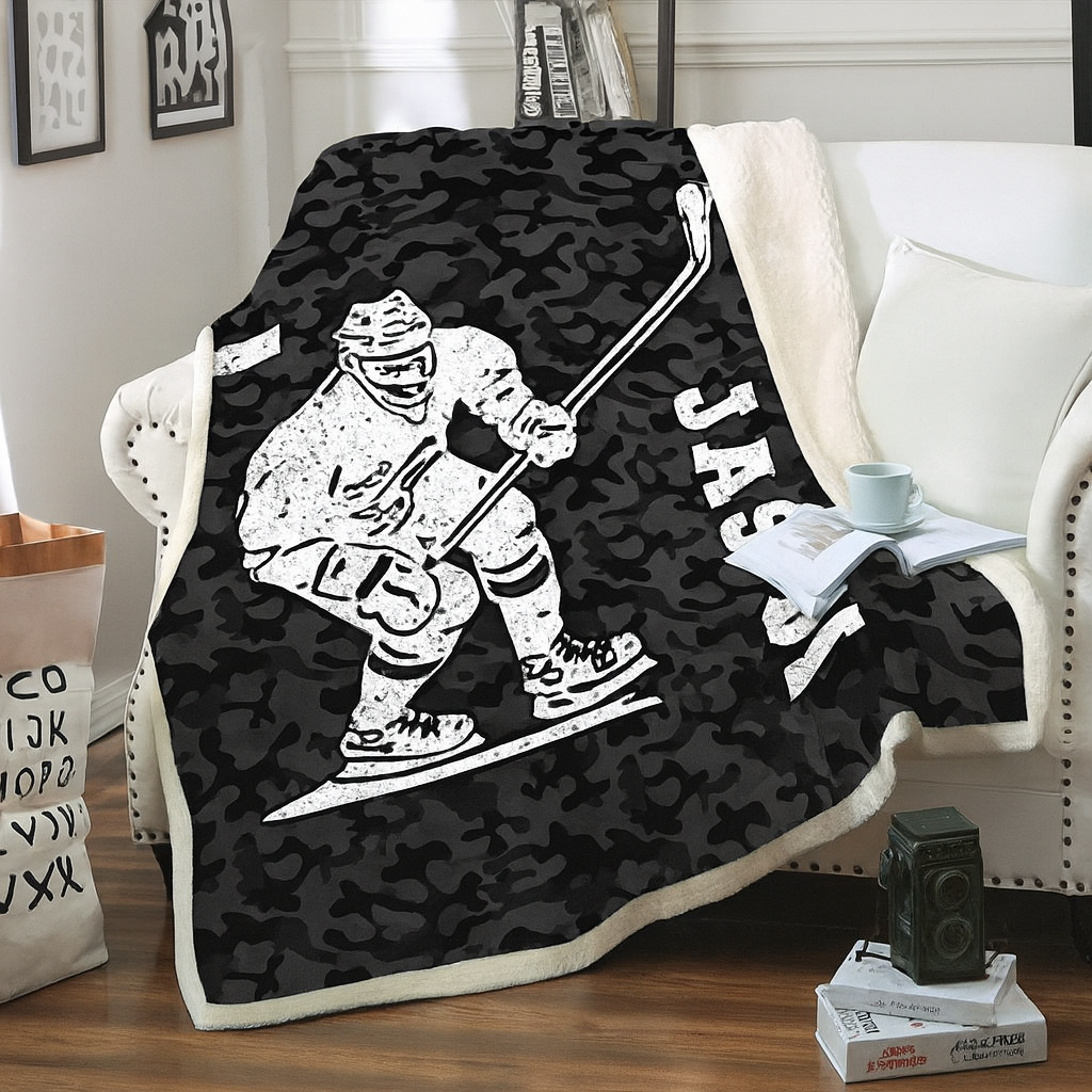 Hockey Player Gift Custom Name Number Black Camo Fleece Blanket