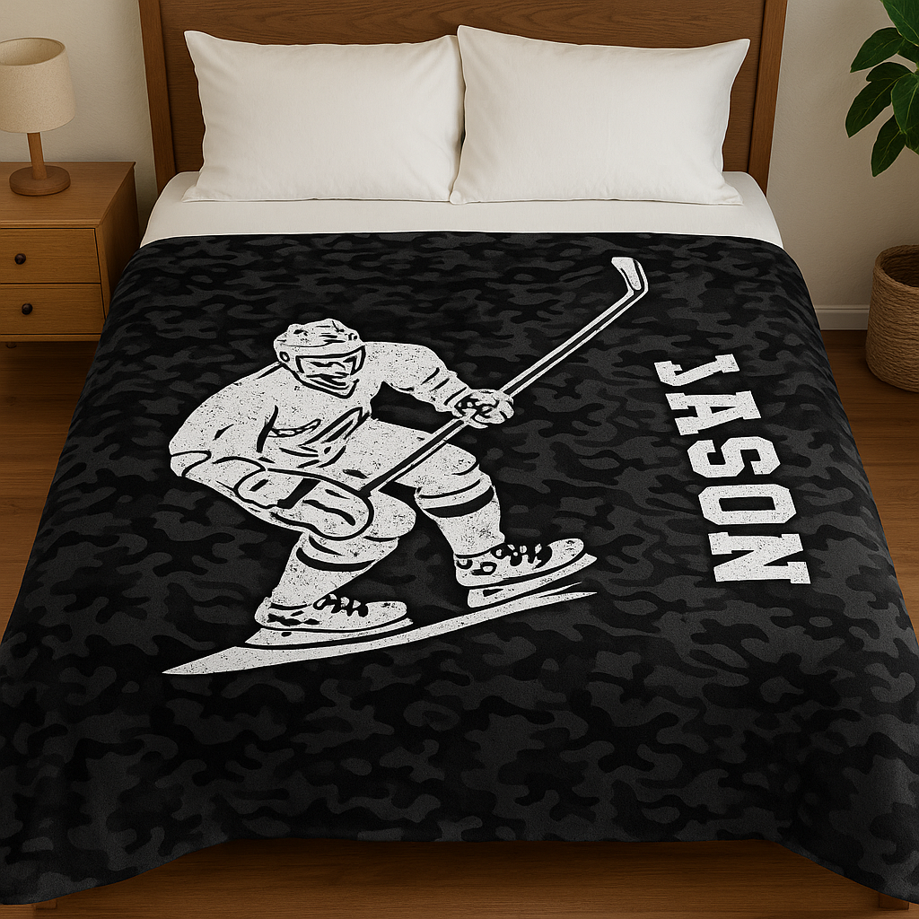 Hockey Player Gift Custom Name Number Black Camo Fleece Blanket 3