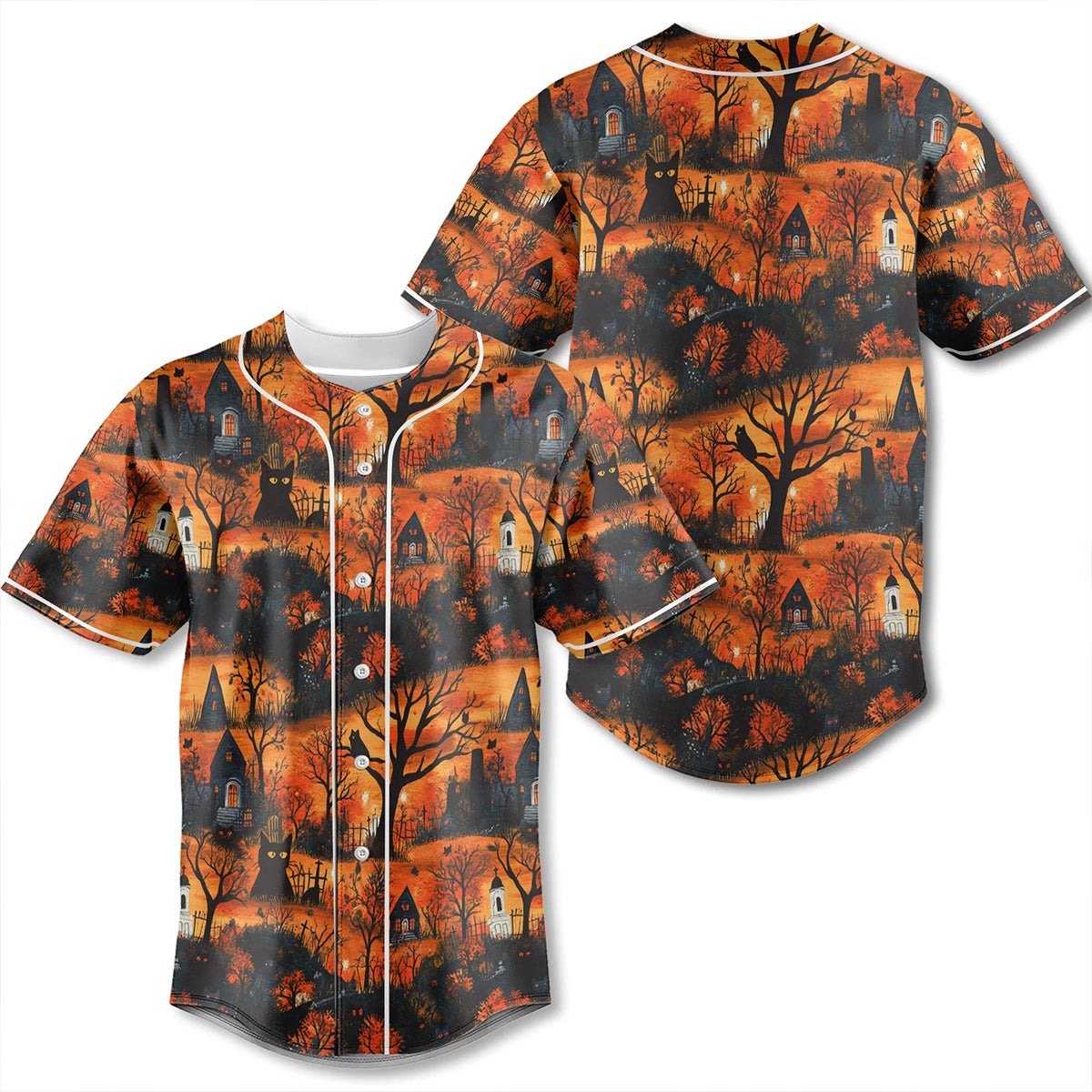 Cat And Castle Silhouette Orange Halloween Baseball Jersey - JS13