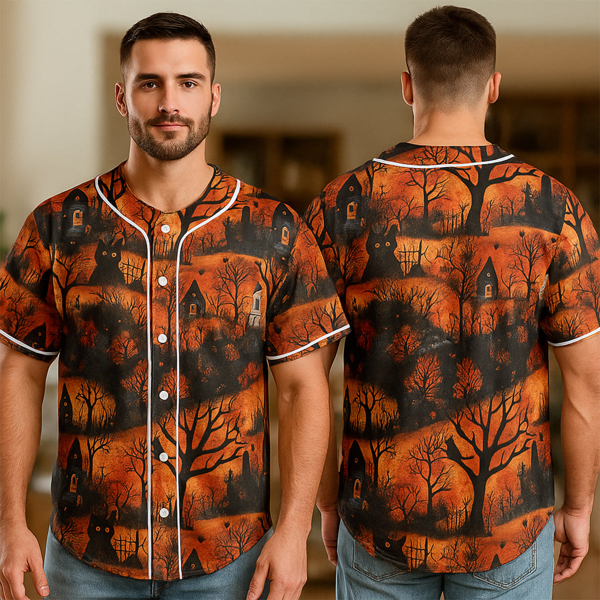 Cat And Castle Silhouette Orange Halloween Baseball Jersey - JS13