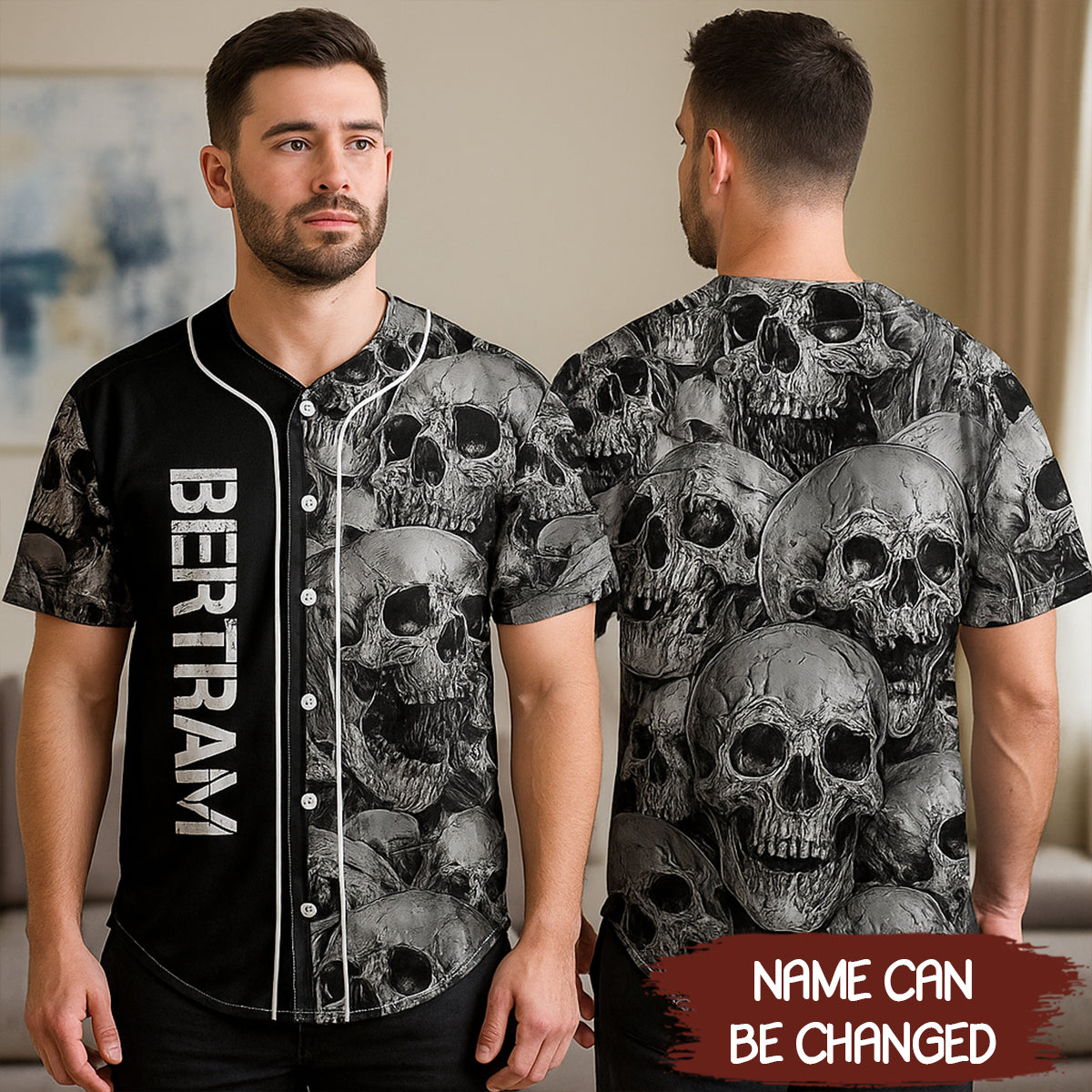 Men's Stylish Loose Skulls Pattern Baseball Jersey, Casual Breathable Lapel Button Up Short Sleeve Jersey - JS16 3