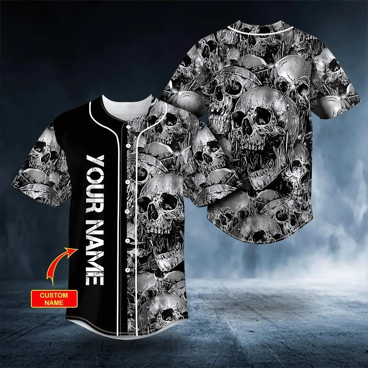 Men's Stylish Loose Skulls Pattern Baseball Jersey, Casual Breathable Lapel Button Up Short Sleeve Jersey - JS16