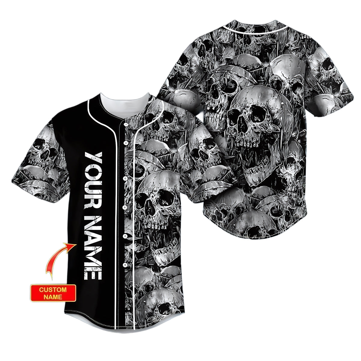 Men's Stylish Loose Skulls Pattern Baseball Jersey, Casual Breathable Lapel Button Up Short Sleeve Jersey - JS16