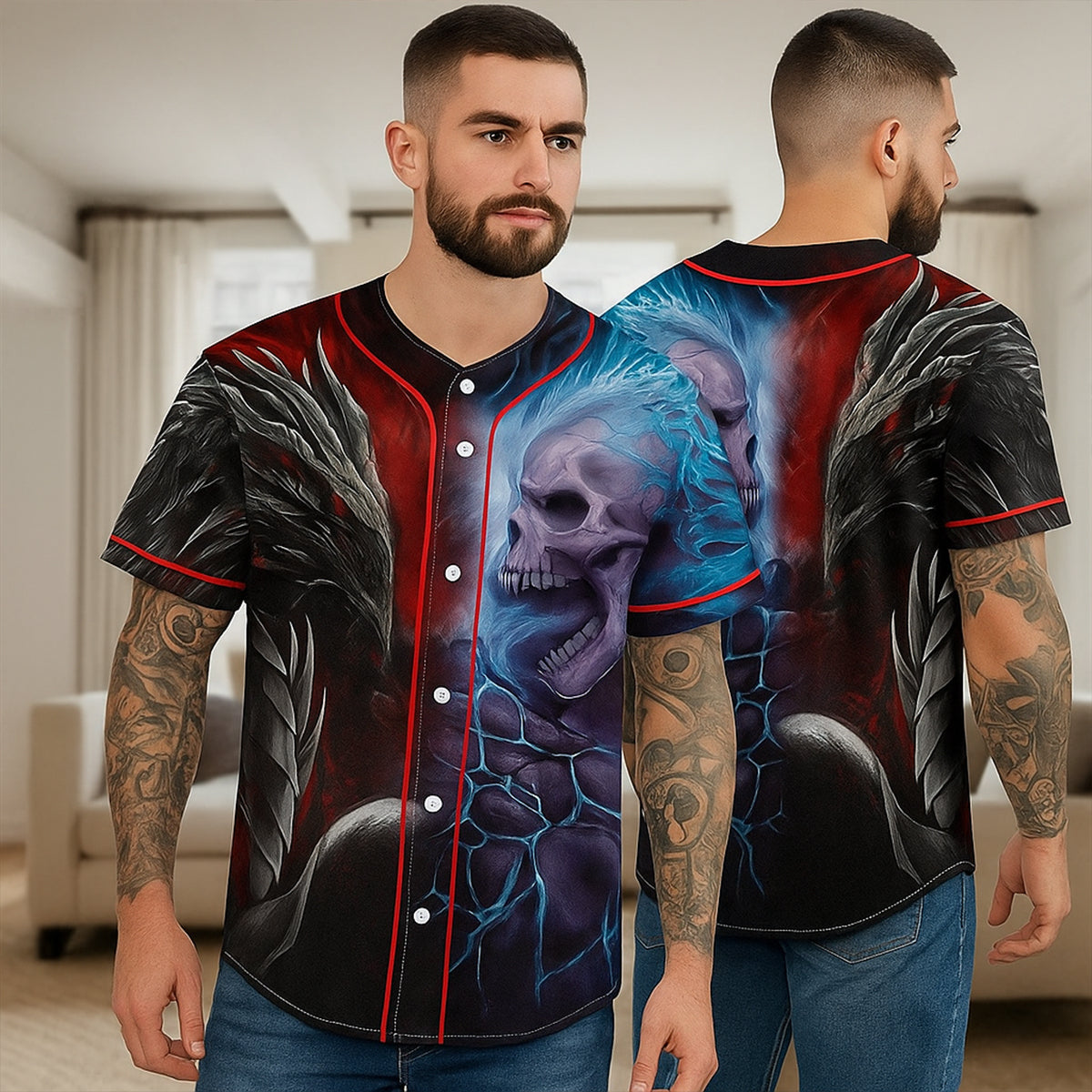Fantasy Fire Dragon vs Blue Flame Skull Baseball Jersey - JS17