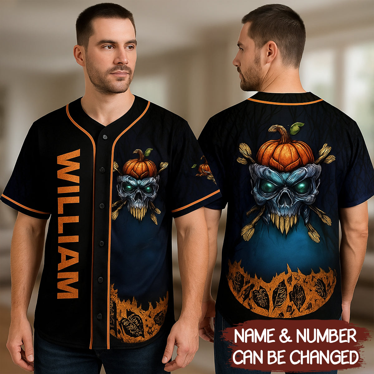 Personalized Halloween Skull Pumpkin Baseball Jersey - JS08