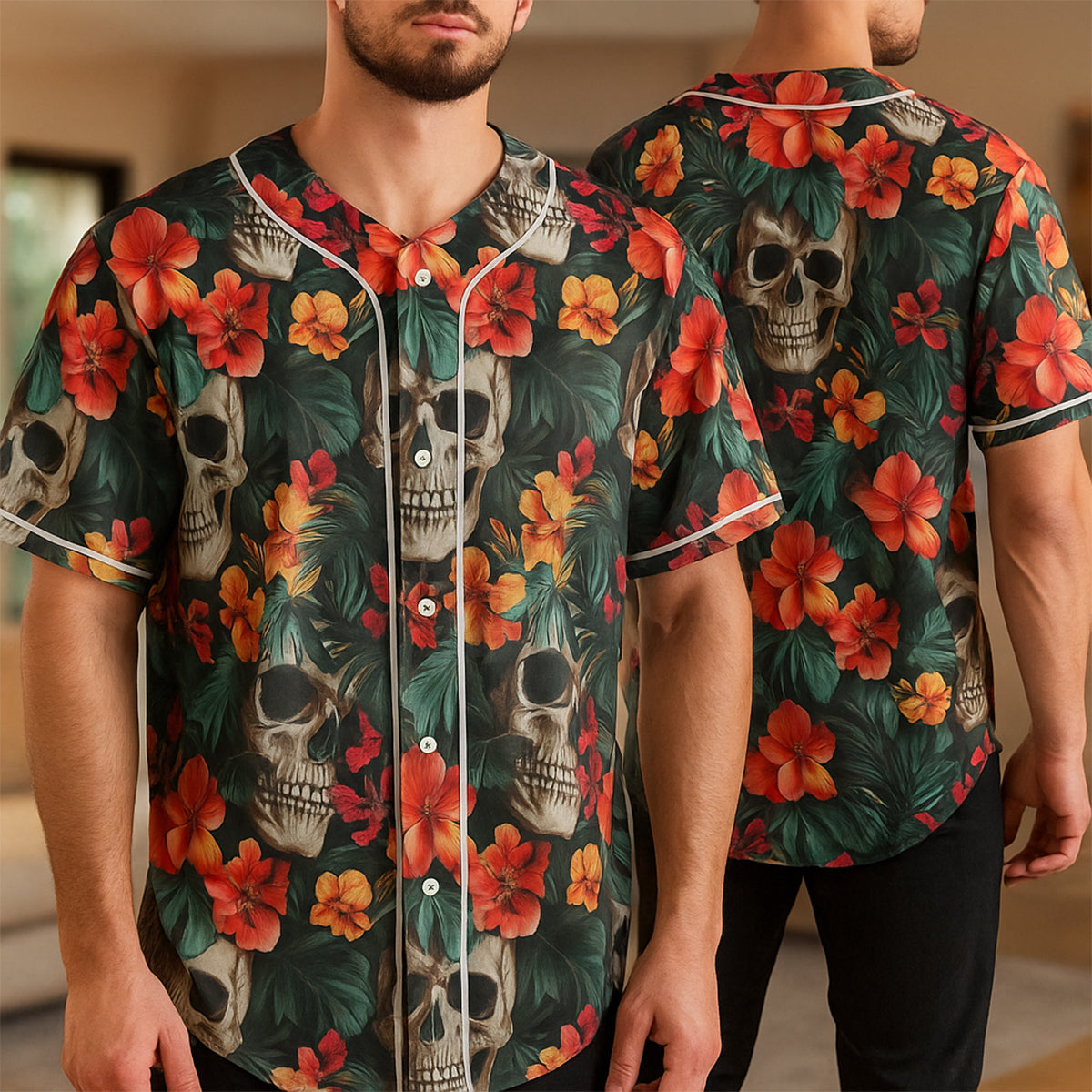 Colorful Tropical Flower Skull Pattern Baseball Jersey - JS20