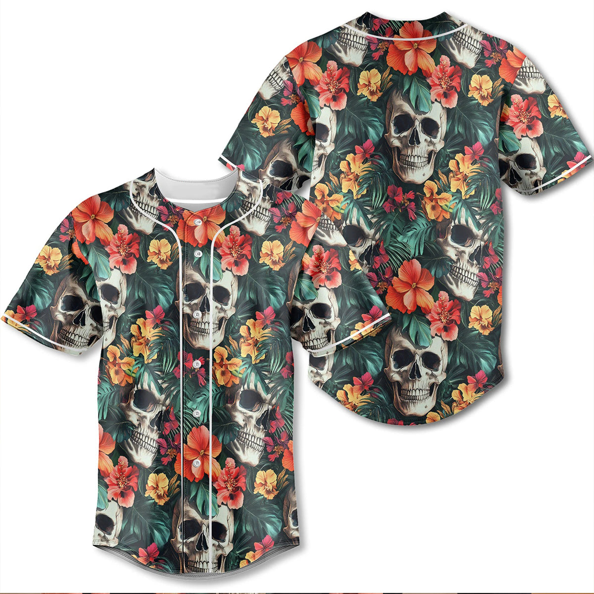 Colorful Tropical Flower Skull Pattern Baseball Jersey - JS20