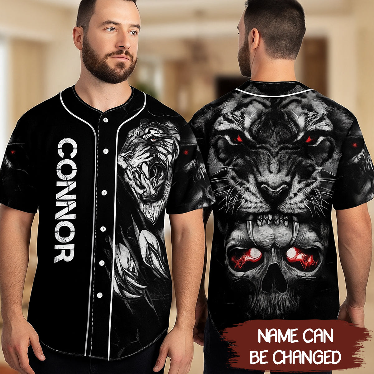 Custom Name Cool Tiger Death Skull 3D All Over Printed Baseball Jersey - JS22 3