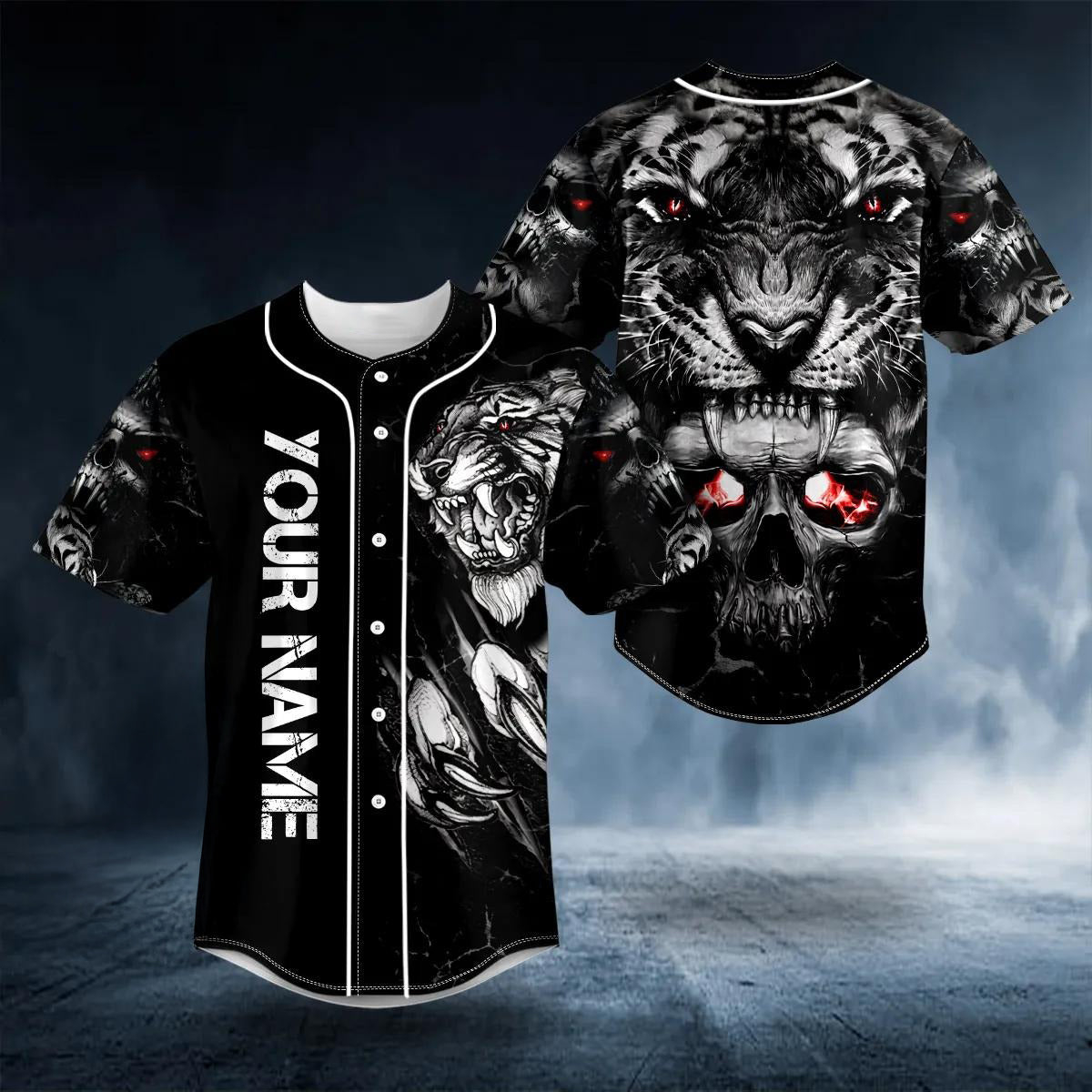 Custom Name Cool Tiger Death Skull 3D All Over Printed Baseball Jersey - JS22