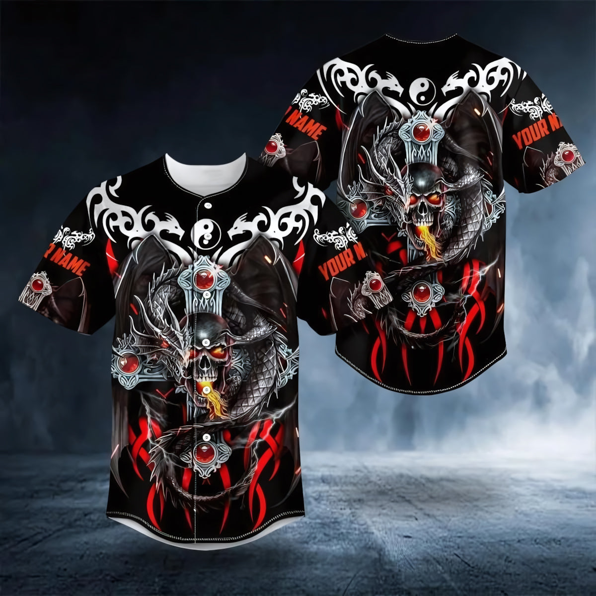 Fire Dragon Skull Custom Name All Over Printed Baseball Jersey - JS23