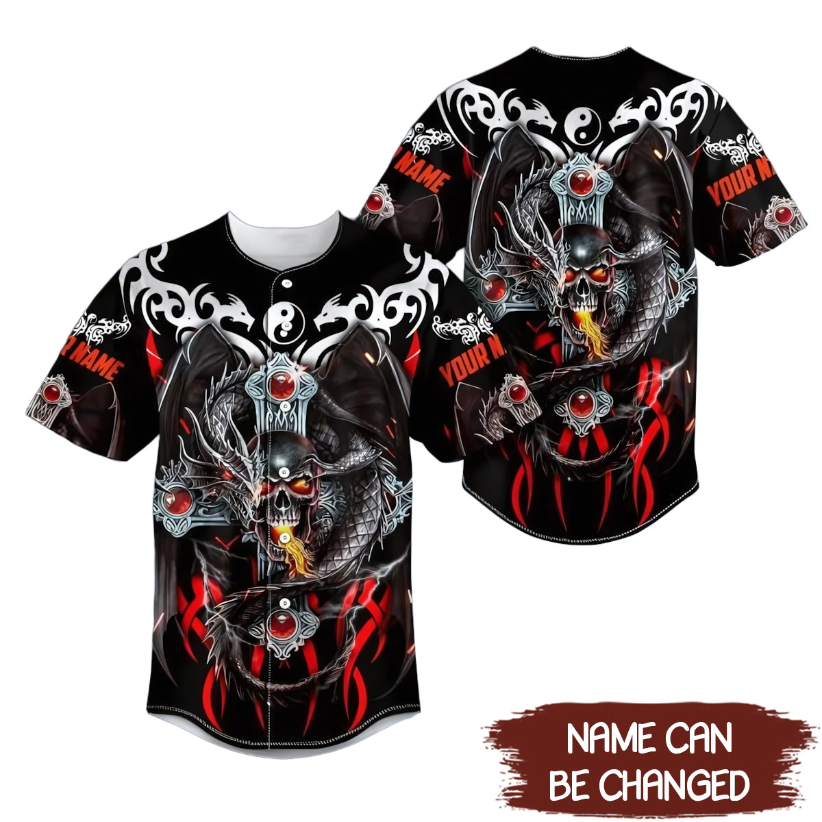 Fire Dragon Skull Custom Name All Over Printed Baseball Jersey - JS23