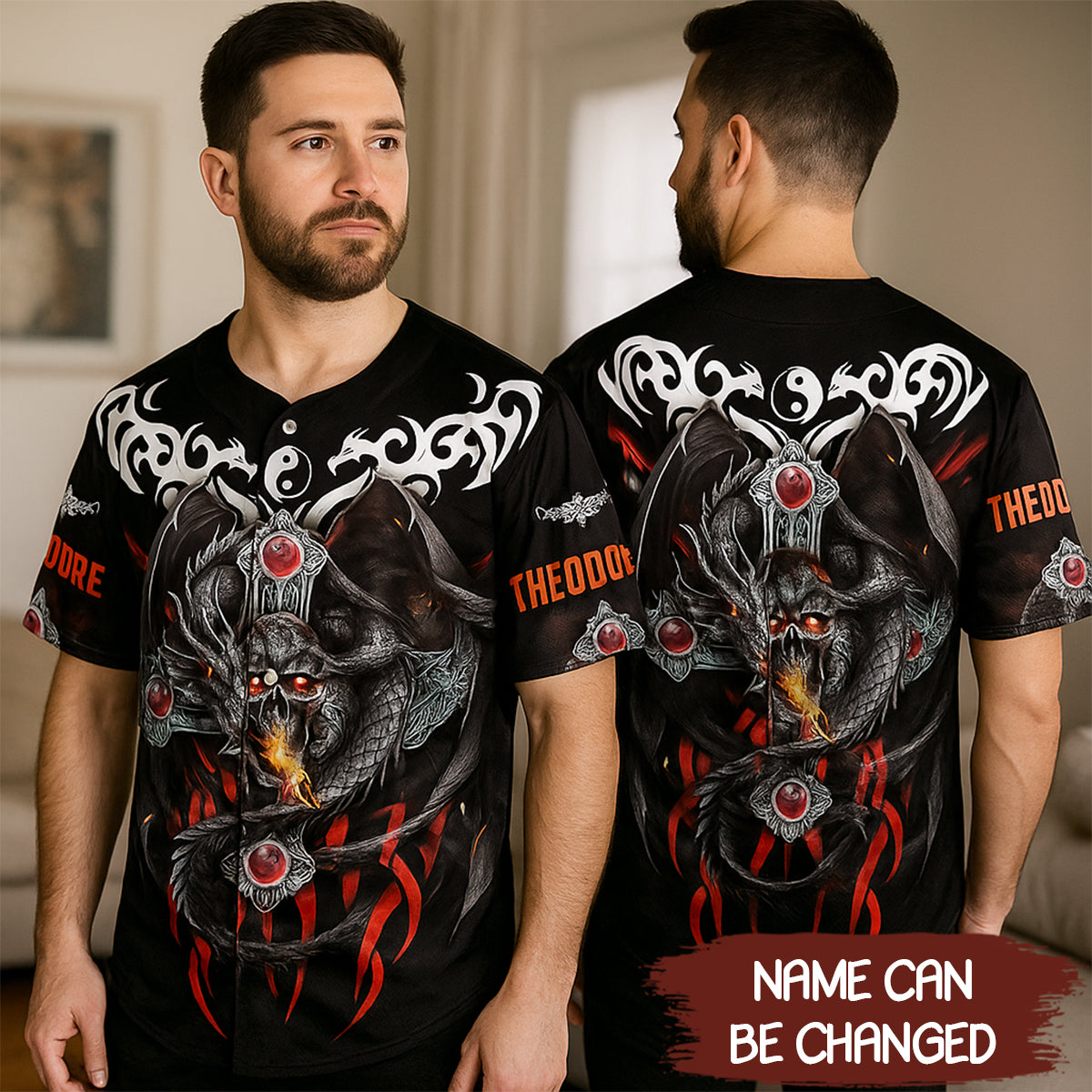 Fire Dragon Skull Custom Name All Over Printed Baseball Jersey - JS23 3