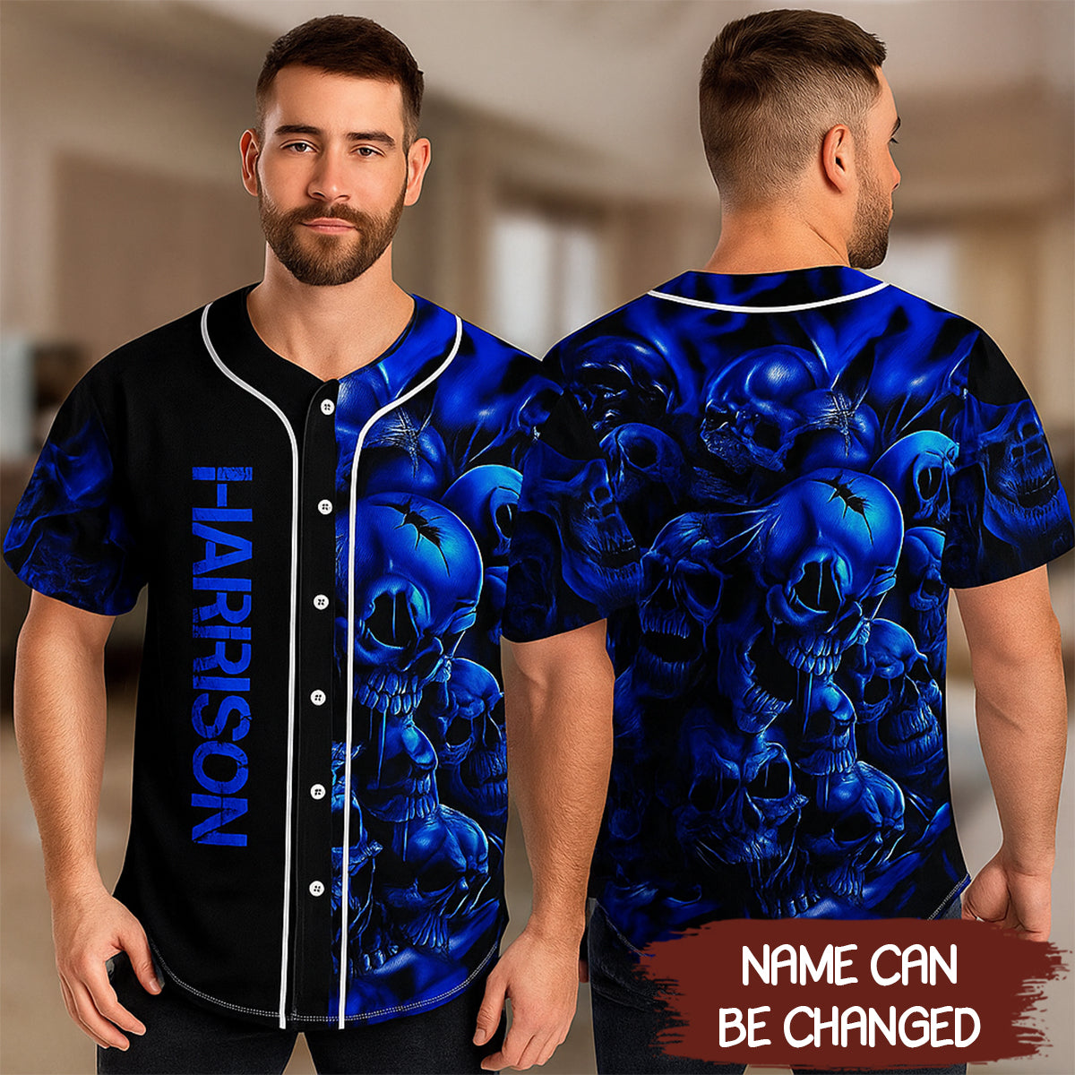 Black Blue Cracked Skull Custom Baseball Jersey - JS25