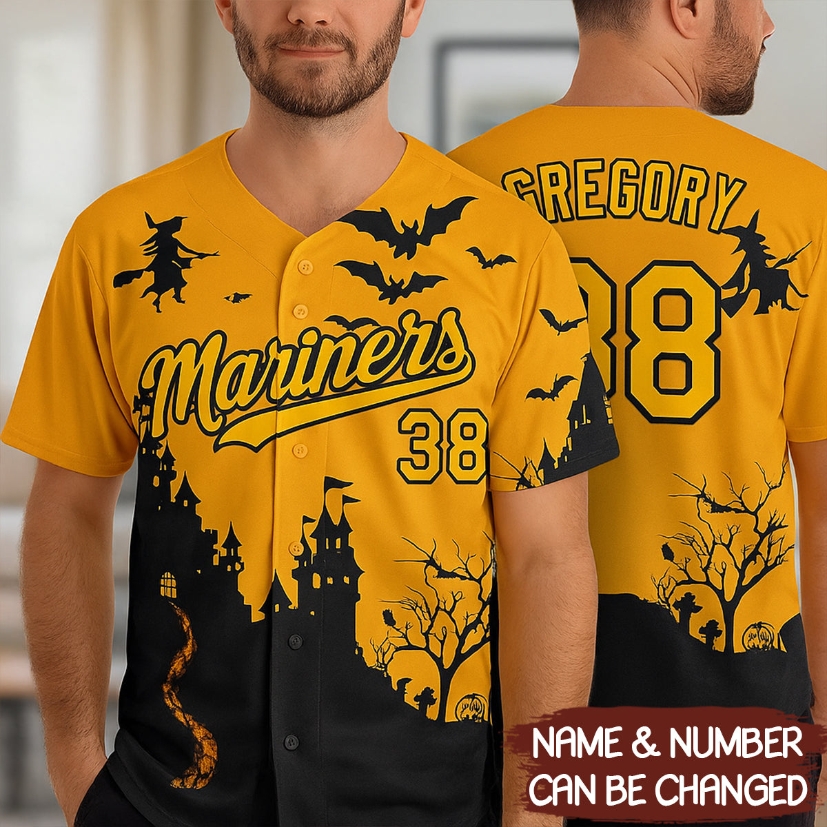 Custom Yellow Black 3D Halloween Spooky Pumpkin Bat Authentic Baseball Jersey - JS60 3