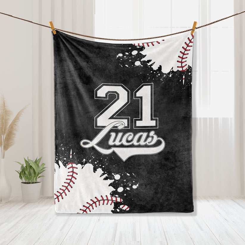 Baseball Fleece Throw Blanket, Personalized with Custom Name Number, Sport Gift Blanket