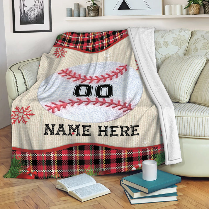Personalized Baseball Blanket, Christmas Red Plaid Baseball Custom Name Number Soft Cozy Plush Throw Fleece Blanket - BL04