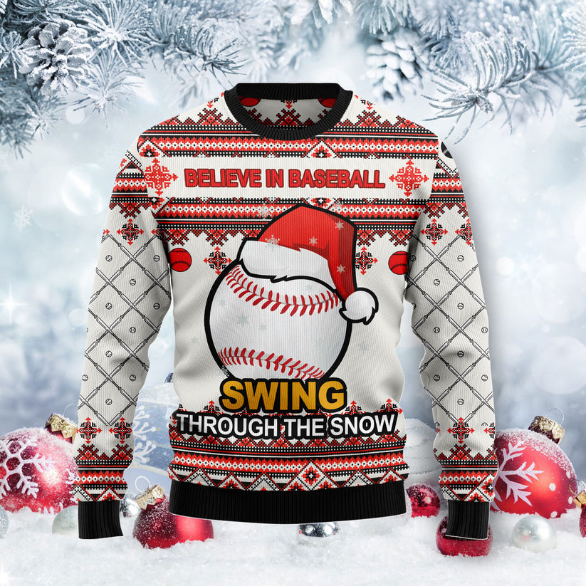 Baseball Swing Through Snow Christmas Sweater - SW07