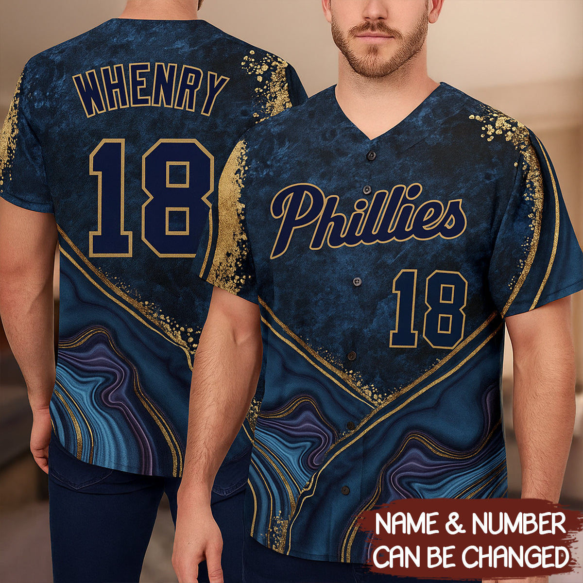 Custom Navy Navy-Old Gold 3D Pattern Design Marble Baseball Jersey