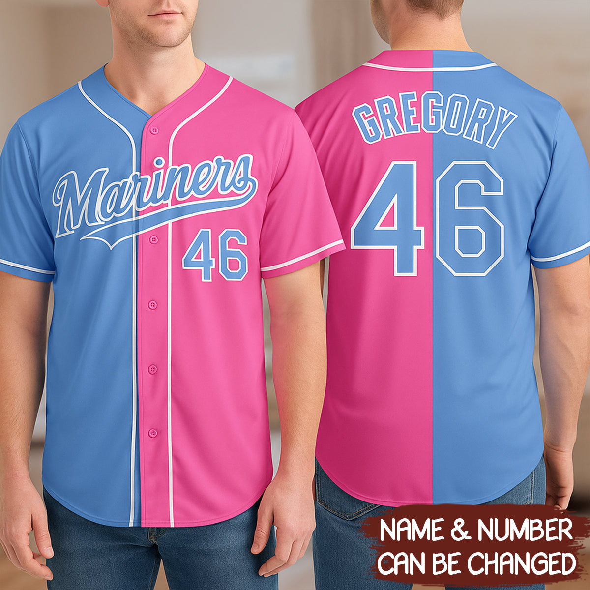 Custom Pink Light Blue-White Split Fashion Baseball Jersey