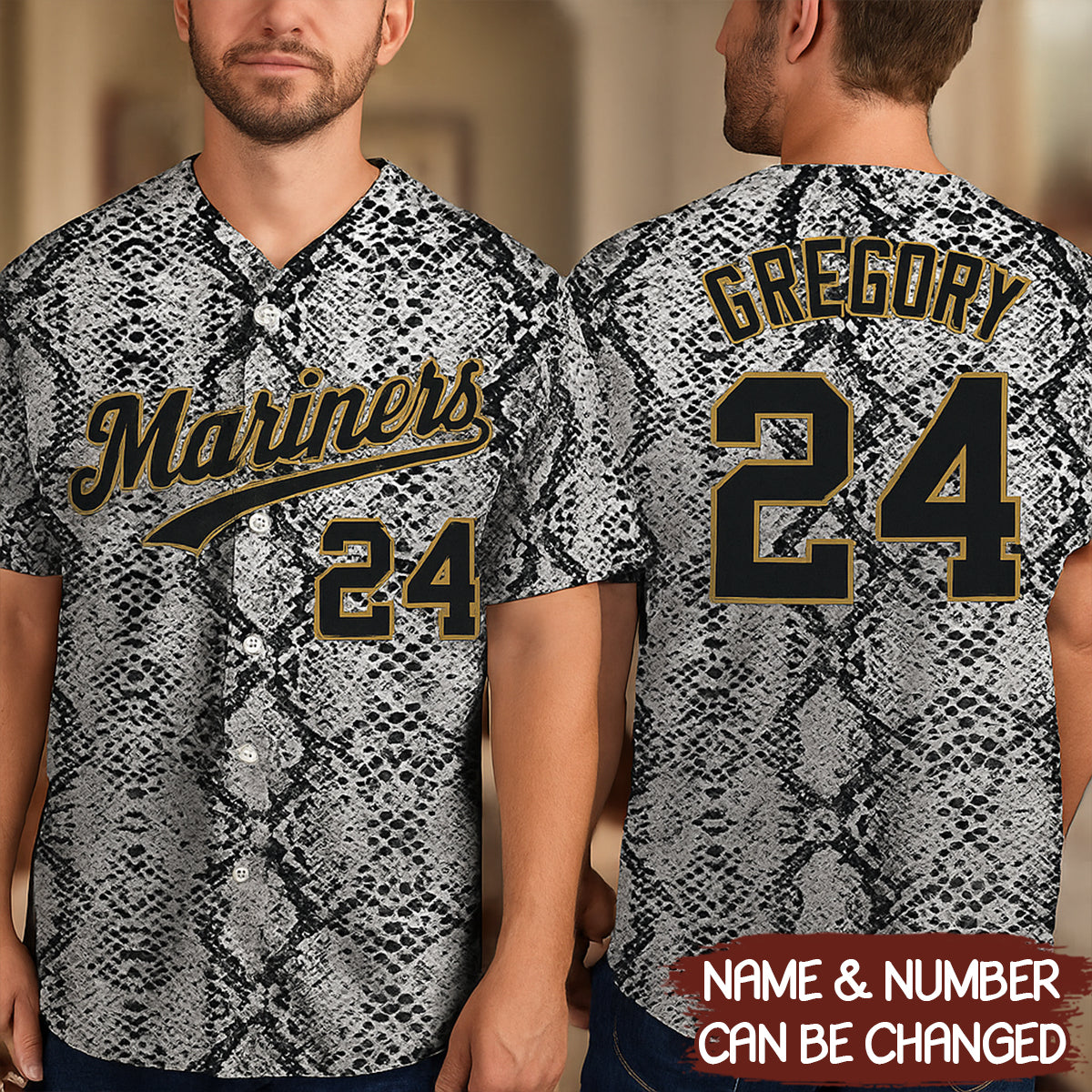 Custom Black Snakeskin Black-Old Gold 3D Pattern Design Baseball Jersey