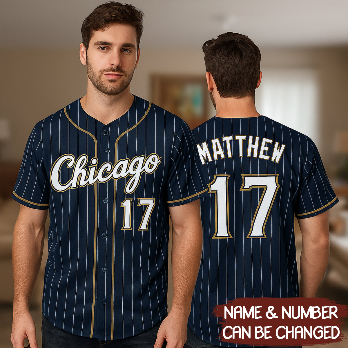 Custom Navy White Pinstripe White-Old Gold Baseball Jersey