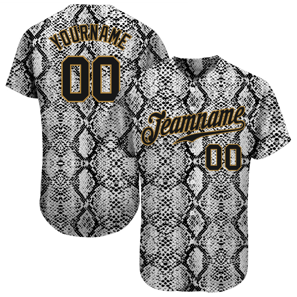 Custom Black Snakeskin Black-Old Gold 3D Pattern Design Baseball Jersey