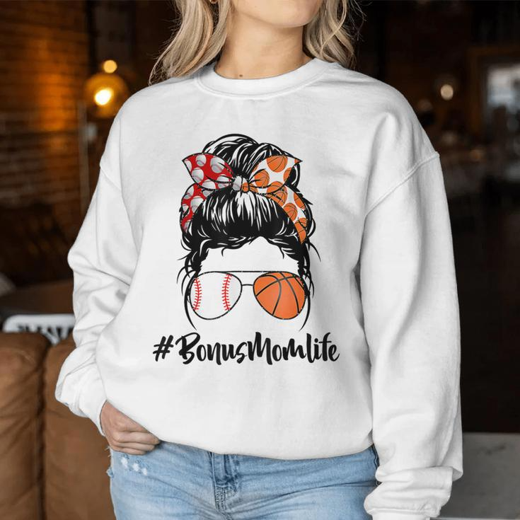 Bonus Mom Life Baseball Basketball Bonus Mom Messy Bun Women Sweatshirt 4