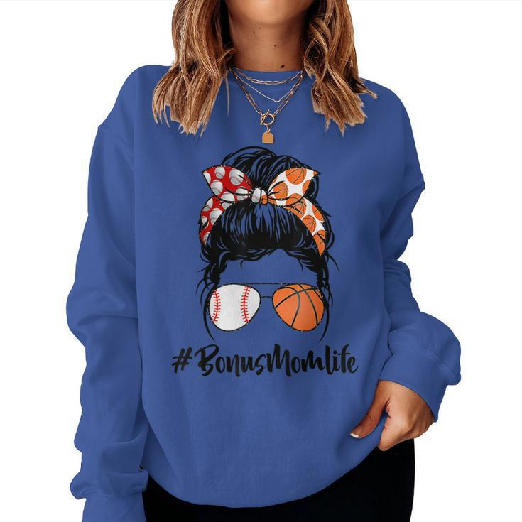 Bonus Mom Life Baseball Basketball Bonus Mom Messy Bun Women Sweatshirt 3