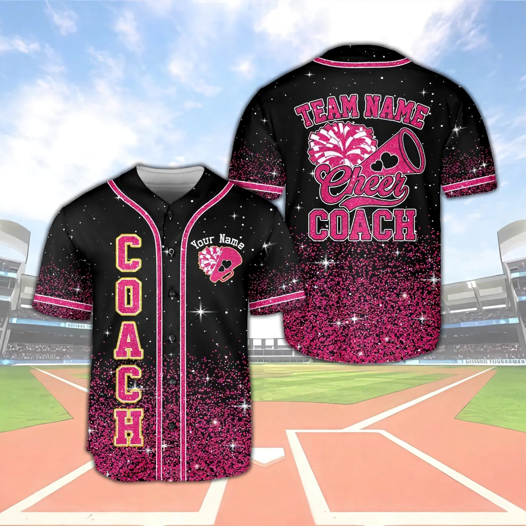 Personalized Glitter Cheer Baseball Jersey Custom Name Matching Cheer Team Cheerleader Cheerleading Mom Faux Glitter Jersey - JS75