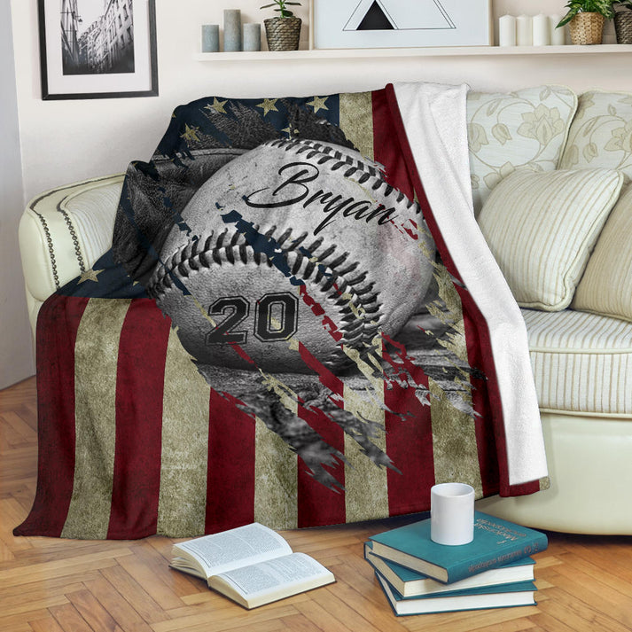 Personalized Baseball Sherpa Fleece Blanket Custom Name Number Soft Cozy Plush Throw for Boys Baseball Blanket 4