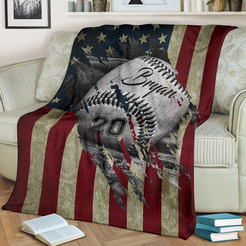 Personalized Baseball Sherpa Fleece Blanket Custom Name Number Soft Cozy Plush Throw for Boys Baseball Blanket