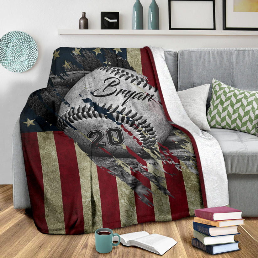 Personalized Baseball Sherpa Fleece Blanket Custom Name Number Soft Cozy Plush Throw for Boys Baseball Blanket
