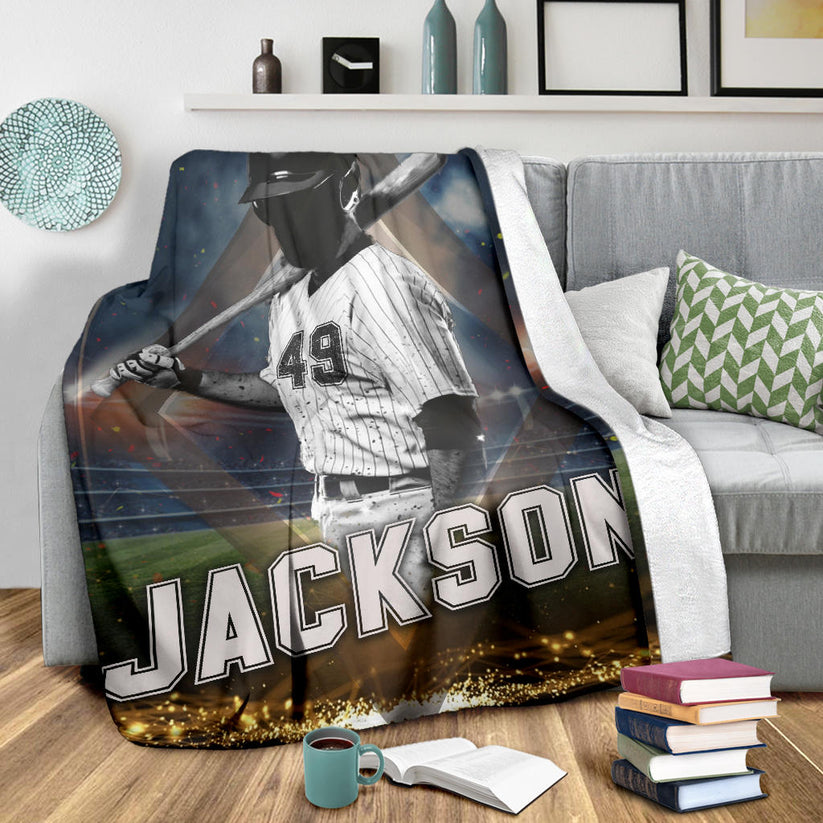 Personalized Baseball Blanket Custom Name Number Baseball Boy Sherpa Fleece Soft Cozy Plush Throw Blanket