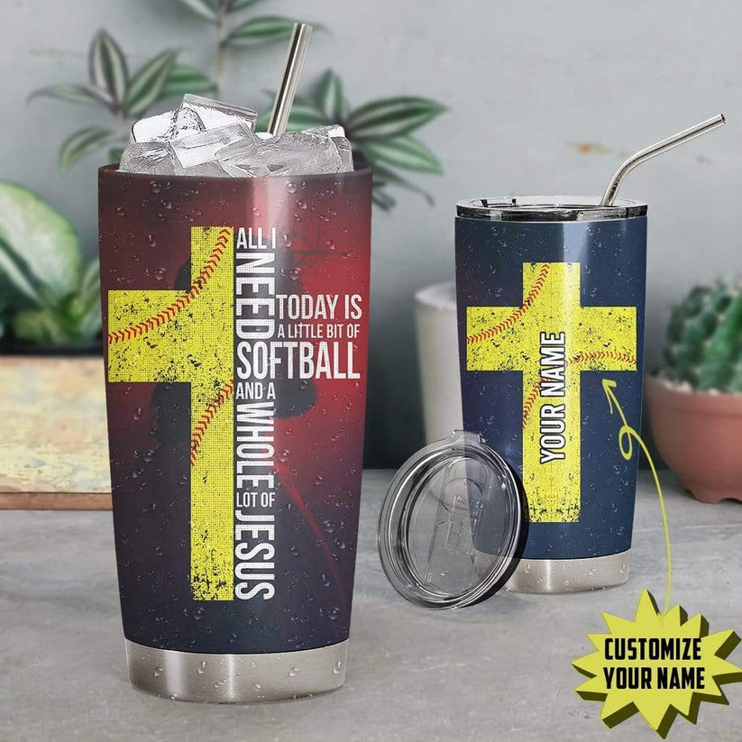 3D Softball and Jesus Custom Name Design Vacuum Insulated Tumbler 20Oz - TU17