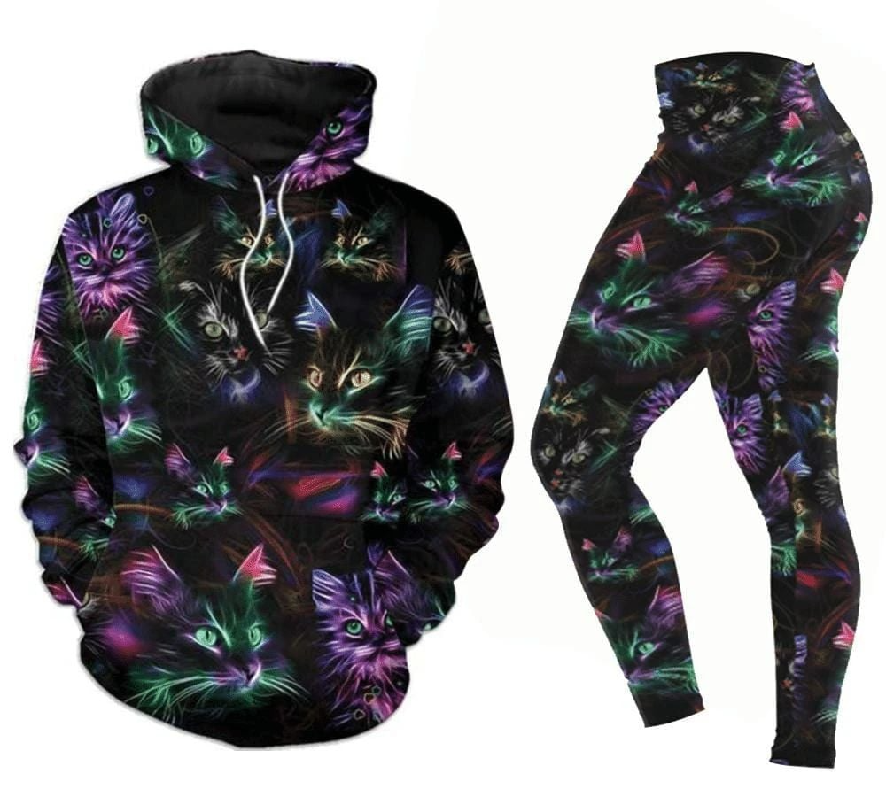Colful Cat Neon Hoodie 3D