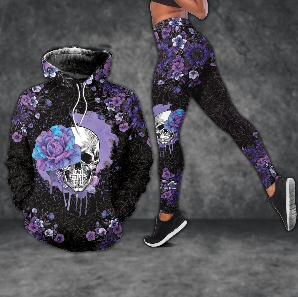 Halloween Gift for Mother Purple Blue Flal Skull Hoodie 3D