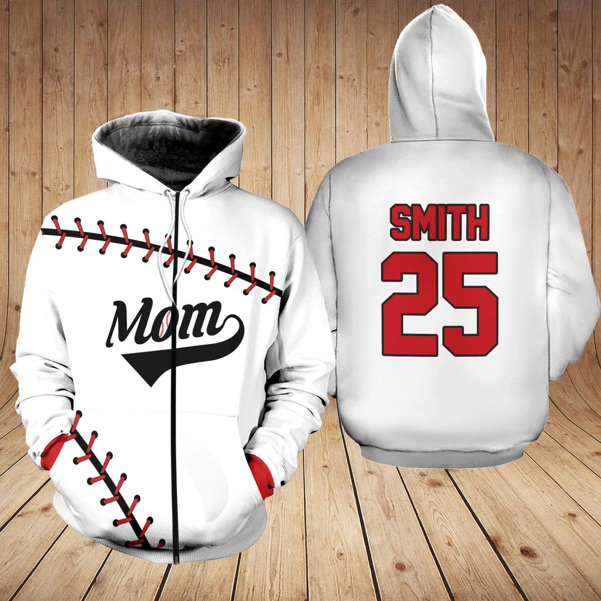 Gift for Mother Personalized Custom Name Number Baseball Mom White Hoodie 3D