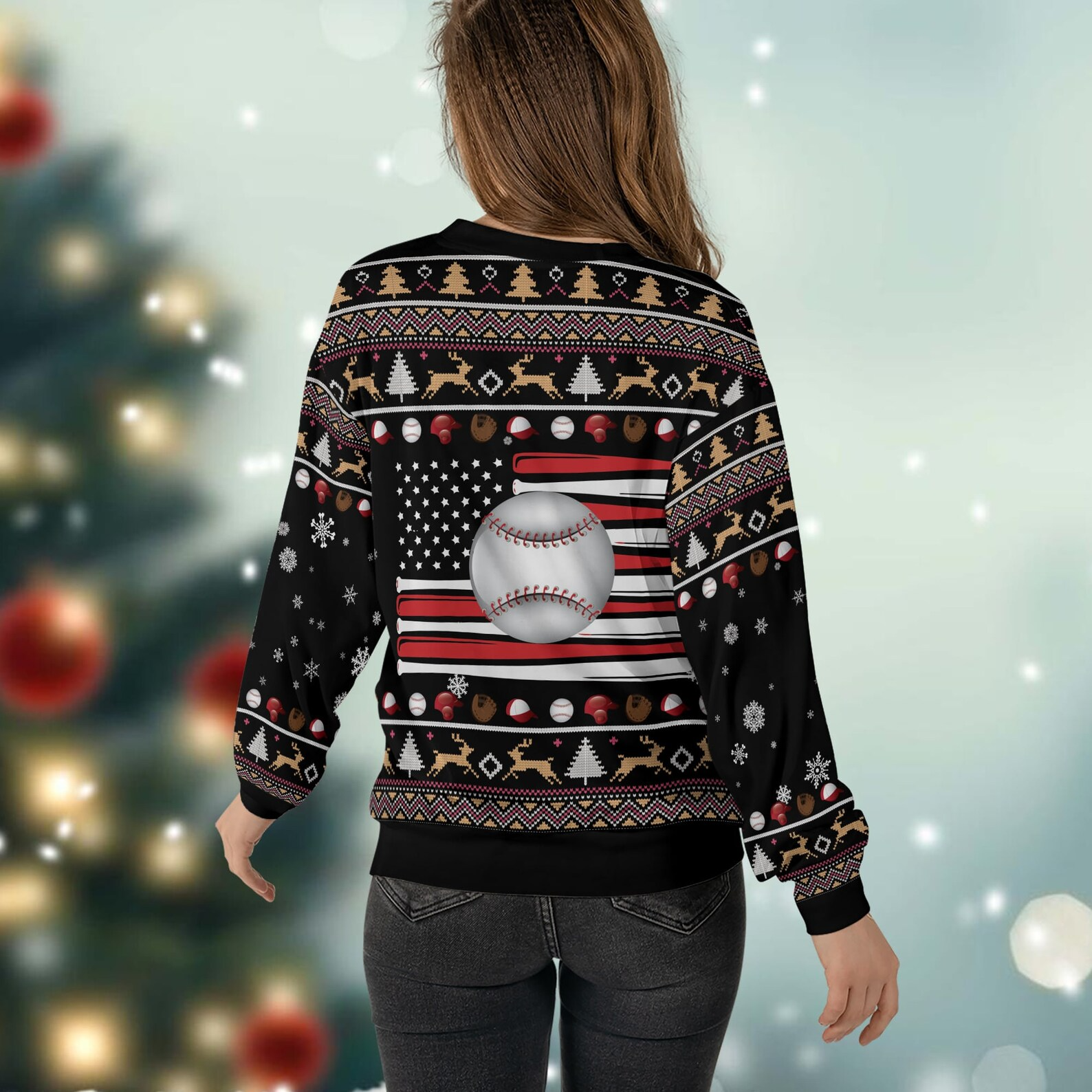 Baseball America Flag Christmas Player Mom Crewneck Pullover Merry Christmas Sweater - SW10 3