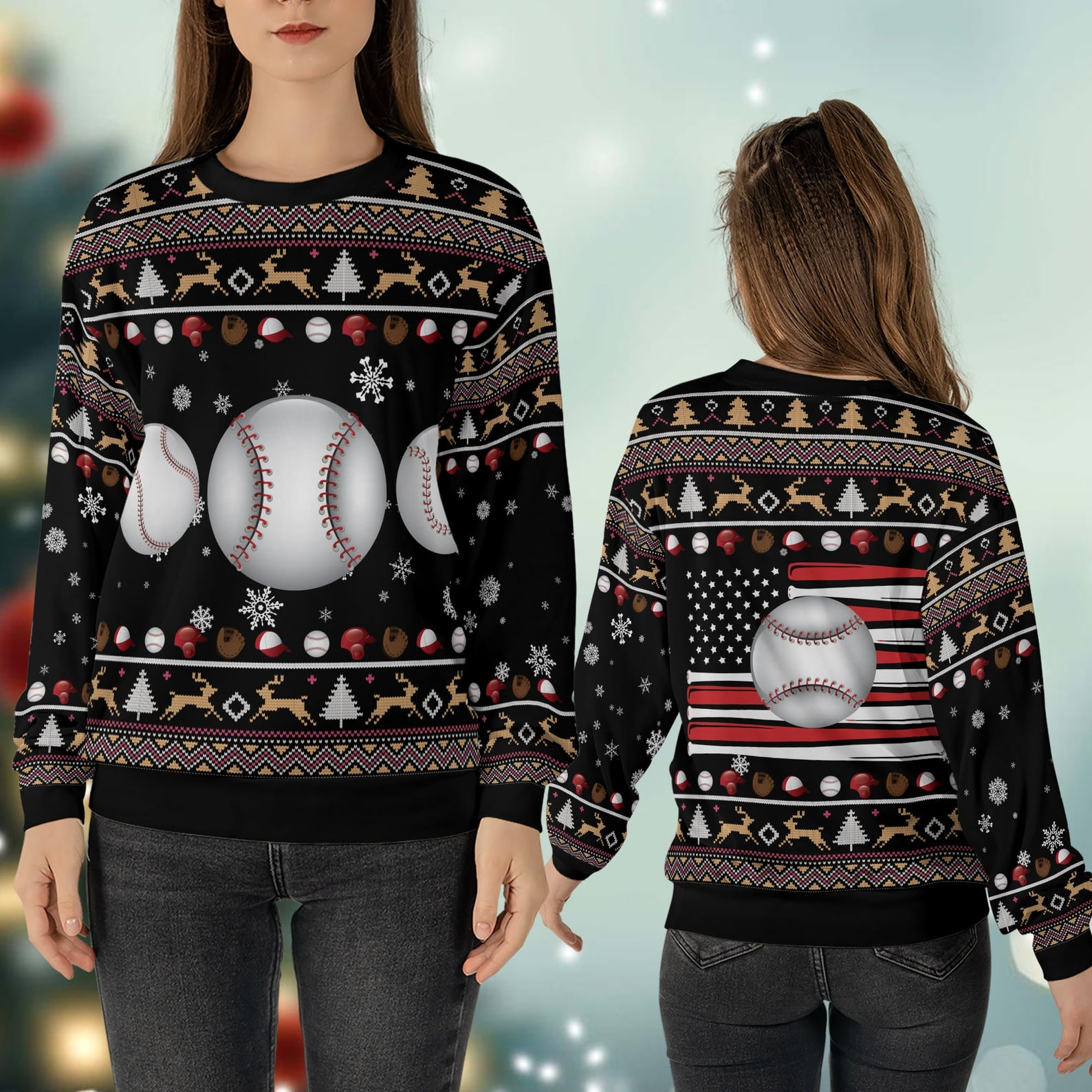 Baseball America Flag Christmas Player Mom Crewneck Pullover Merry Christmas Sweater - SW10 5