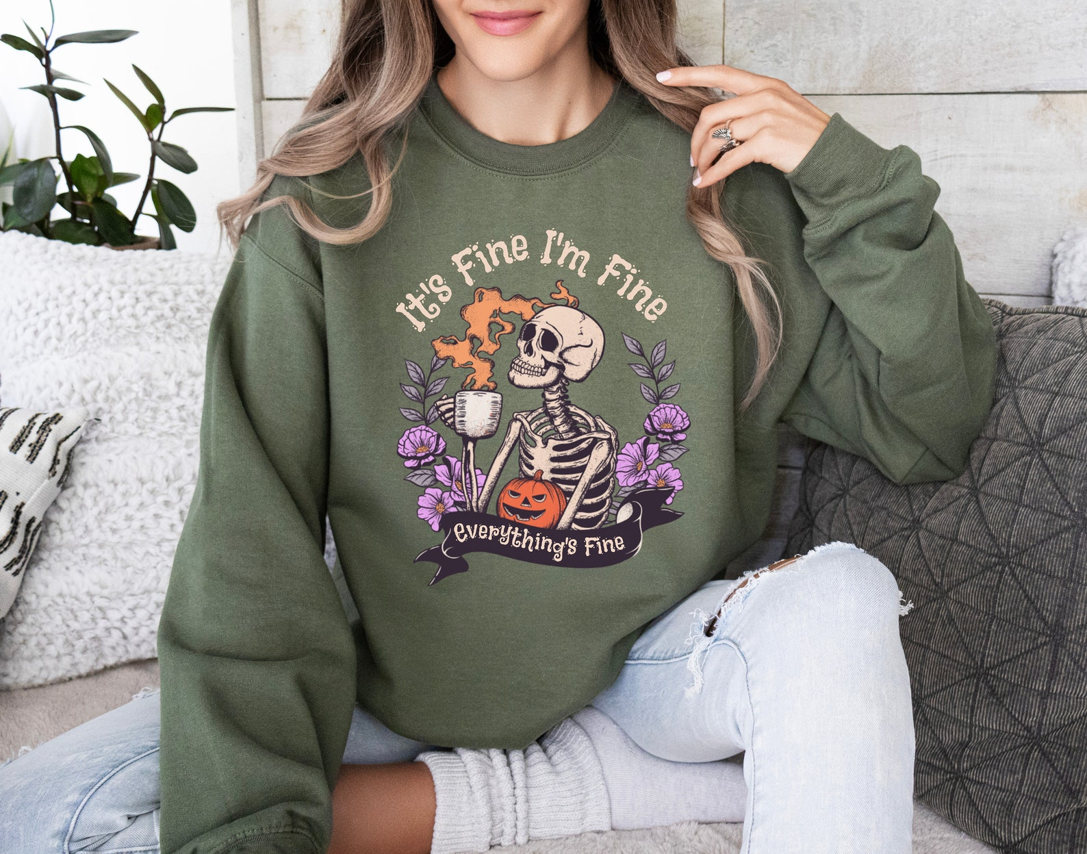 It's Fine I'm Fine Everything's Fine Halloween Skeleton Funny Sarcastic Crewneck Everything is Fine Sweatshirt - SS05 4