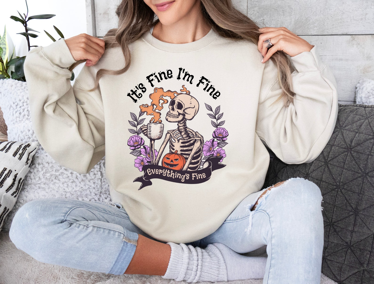 It's Fine I'm Fine Everything's Fine Halloween Skeleton Funny Sarcastic Crewneck Everything is Fine Sweatshirt - SS05