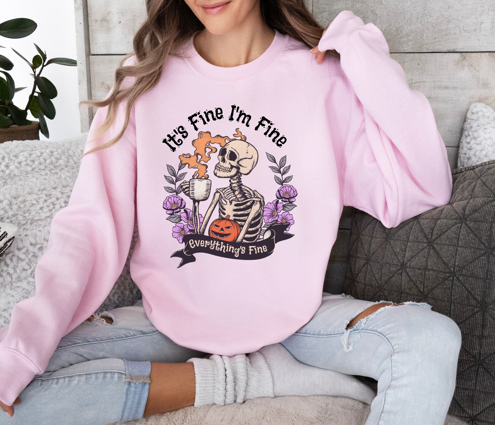 It's Fine I'm Fine Everything's Fine Halloween Skeleton Funny Sarcastic Crewneck Everything is Fine Sweatshirt - SS05 3