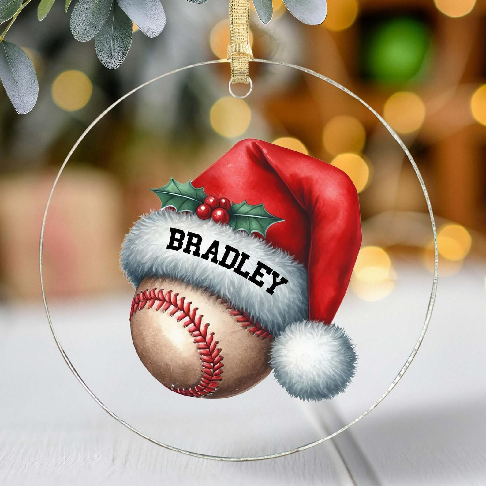 Personalized Baseball and Santa Hat Any Name Xmas Keepsake Festive Holiday Christmas Tree Hanging Decoration Gift Acrylic Ornament - OR24 3