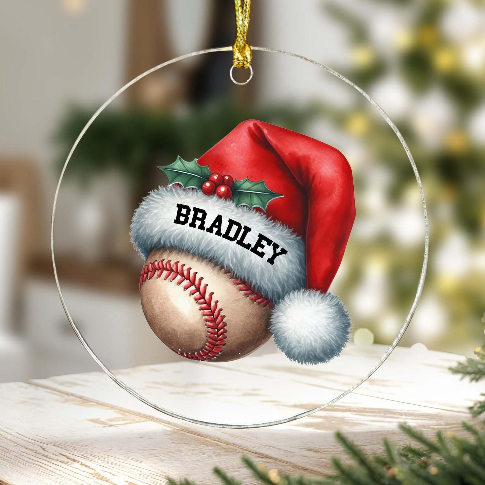 Personalized Baseball and Santa Hat Any Name Xmas Keepsake Festive Holiday Christmas Tree Hanging Decoration Gift Acrylic Ornament - OR24